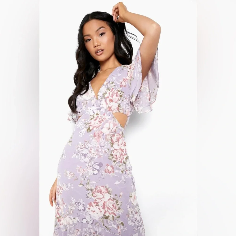 Floral Lavender Maxi Print Angel Sleeve Long Cut Out Open Back Dress - Picture 2 of 7